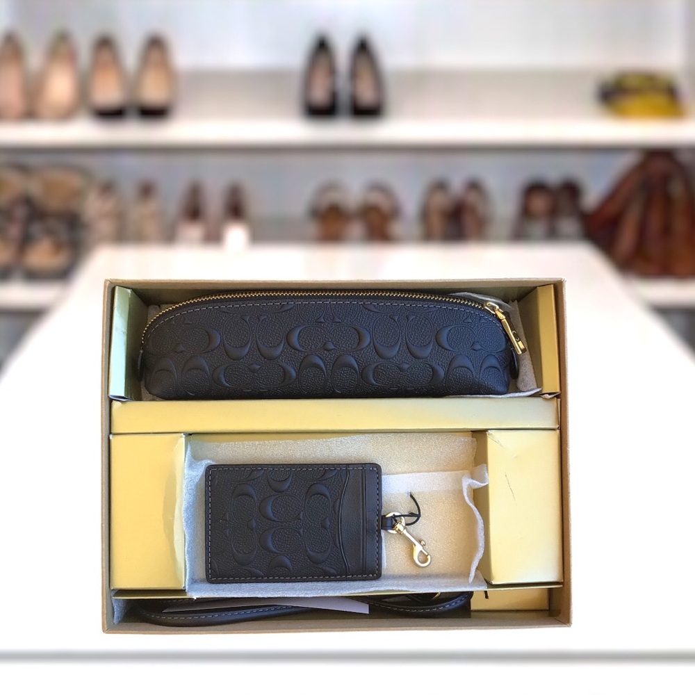 Coach Boxed Signature Leather Pencil Case Cardholder Black Embossed Set